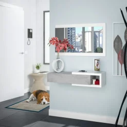 Garnero Arredamenti Mobili Ingresso Sospesi|Mobili Ingresso-Mobile ingresso sospeso 95x99h cm con specchio bianco opaco cemento Mercury