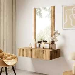 Garnero Arredamenti Mobili Ingresso Sospesi|Mobili Ingresso-Mobile ingresso sospeso 80x97h cm con specchio cannettato Essence Quercia