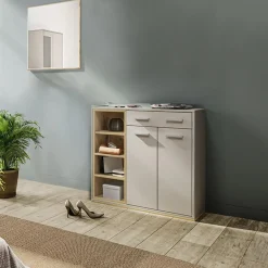 Garnero Arredamenti Armadi E Madie Ingresso|Mobili Ingresso-Mobile ingresso 80x77h cm 2 ante 1 cassetto rovere rovere naturale beige satinato Kenya