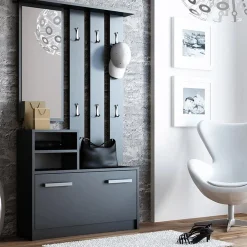 Garnero Arredamenti Mobili Ingresso Appendiabiti|Mobili Ingresso-Mobile ingresso 85x180h cm con specchio scarpiera nero Bergen Nero Lucido
