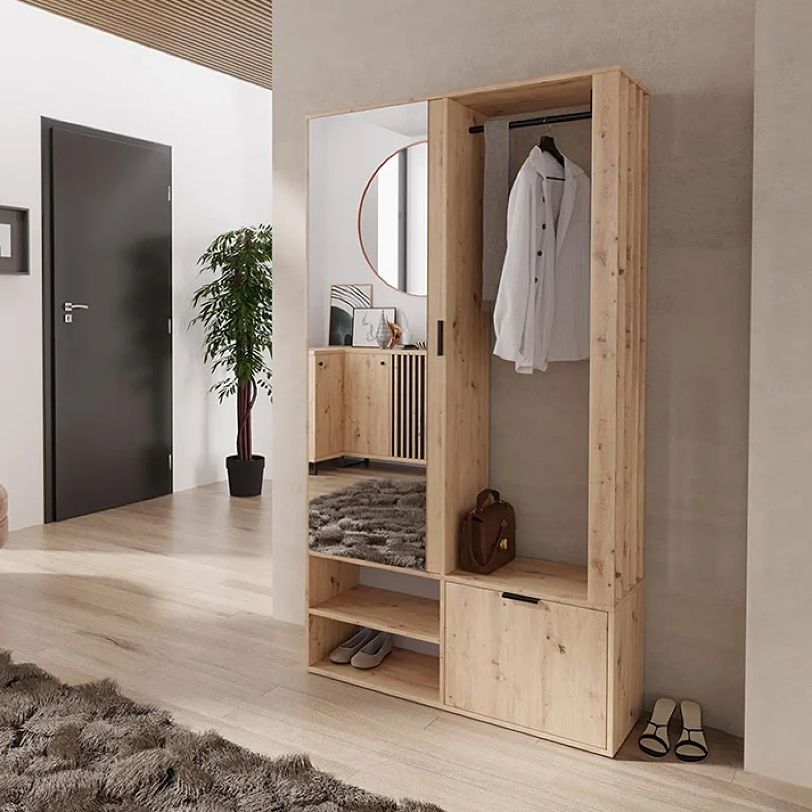 Garnero Arredamenti Mobili Ingresso Appendiabiti|Mobili Ingresso-Mobile ingresso 100x190h cm con specchio Umea Rovere