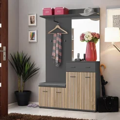 Garnero Arredamenti Mobili Ingresso Appendiabiti|Mobili Ingresso-Mobile ingresso 120x203h cm con specchio rovere antracite stampa a righe San Francisco Gihome® Antracite - Rovere