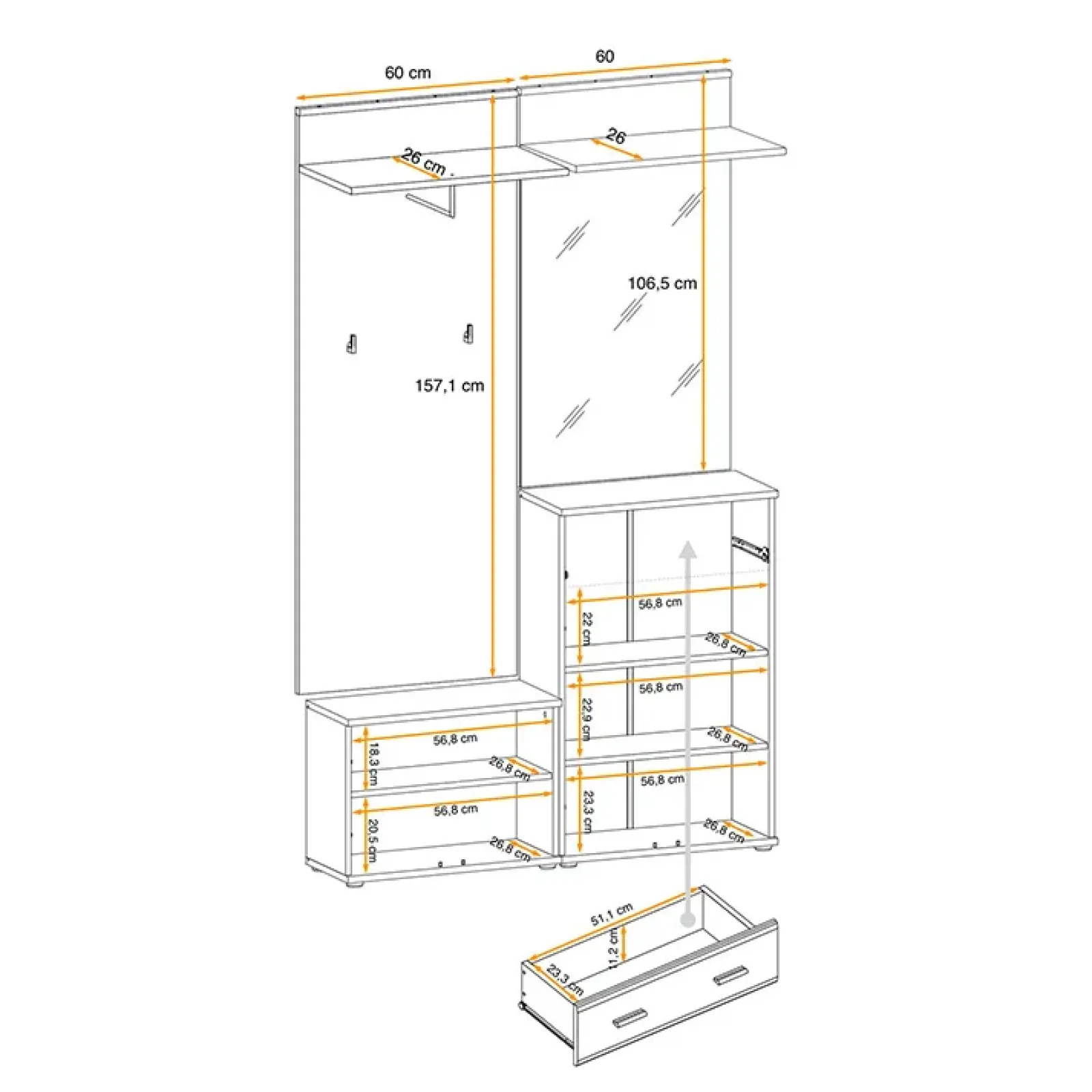 Garnero Arredamenti Mobili Ingresso Appendiabiti|Mobili Ingresso-Mobile ingresso 120x203h cm con specchio rovere antracite stampa a righe San Francisco Gihome® Antracite - Rovere