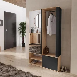 Garnero Arredamenti Mobili Ingresso Appendiabiti|Mobili Ingresso-Mobile ingresso 100x190h cm con specchio rovere nero Umea Rovere - Nero opaco