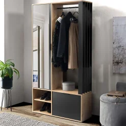 Garnero Arredamenti Mobili Ingresso Appendiabiti|Mobili Ingresso-Mobile ingresso 100x190h cm con specchio rovere nero Umea Rovere - Nero opaco