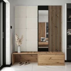 Garnero Arredamenti Mobili Ingresso-Mobile ingresso 172x205h cm con scarpiera e specchio rovere rustico bianco Welly 3 Rovere Rustico - Bianco