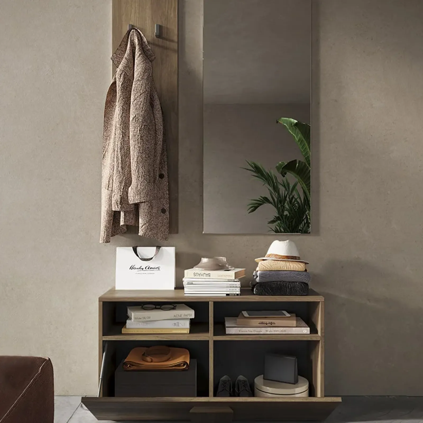 Garnero Arredamenti Mobili Ingresso Appendiabiti|Mobili Ingresso-Mobile ingresso 91x174h cm con scarpiera e specchio moderno rovere scuro Alvarez