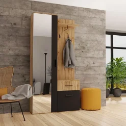 Garnero Arredamenti Mobili Ingresso Appendiabiti|Mobili Ingresso-Mobile ingresso 97x195h cm con specchio 1 cassetto 2 ante rovere nero Assen