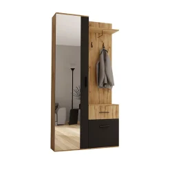 Garnero Arredamenti Mobili Ingresso Appendiabiti|Mobili Ingresso-Mobile ingresso 97x195h cm con specchio 1 cassetto 2 ante rovere nero Assen
