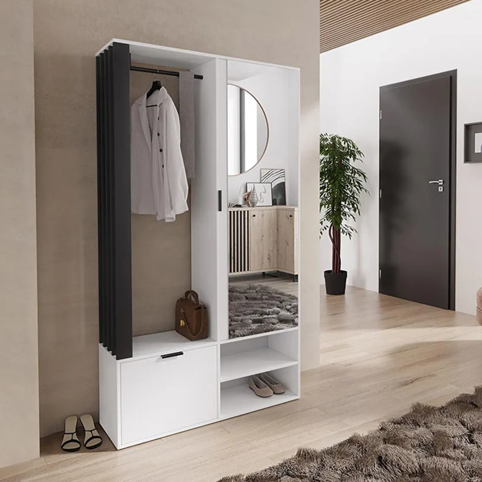 Garnero Arredamenti Mobili Ingresso Appendiabiti|Mobili Ingresso-Mobile ingresso 100x190h cm con specchio bianco nero Umea Bianco Opaco