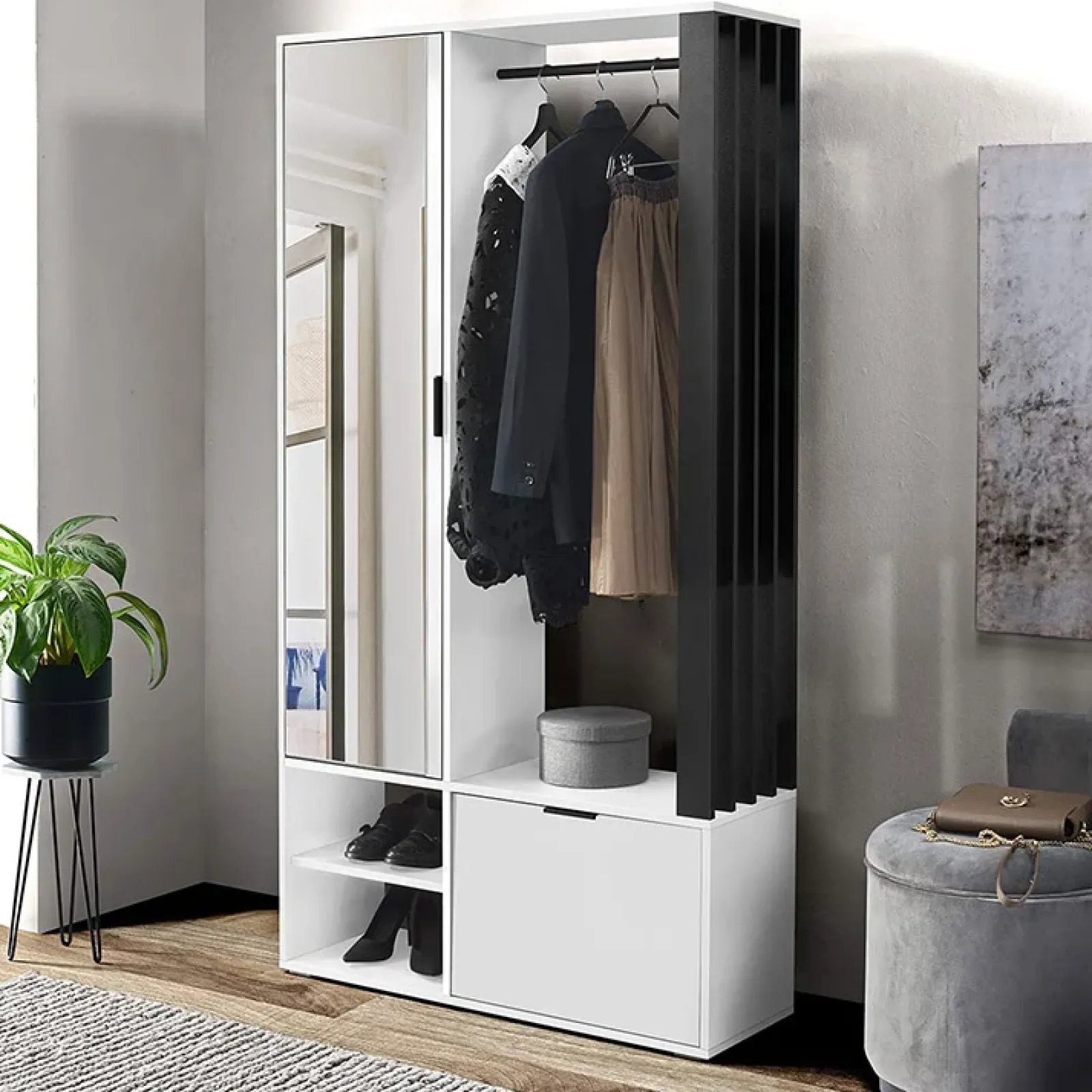 Garnero Arredamenti Mobili Ingresso Appendiabiti|Mobili Ingresso-Mobile ingresso 100x190h cm con specchio bianco nero Umea Bianco Opaco