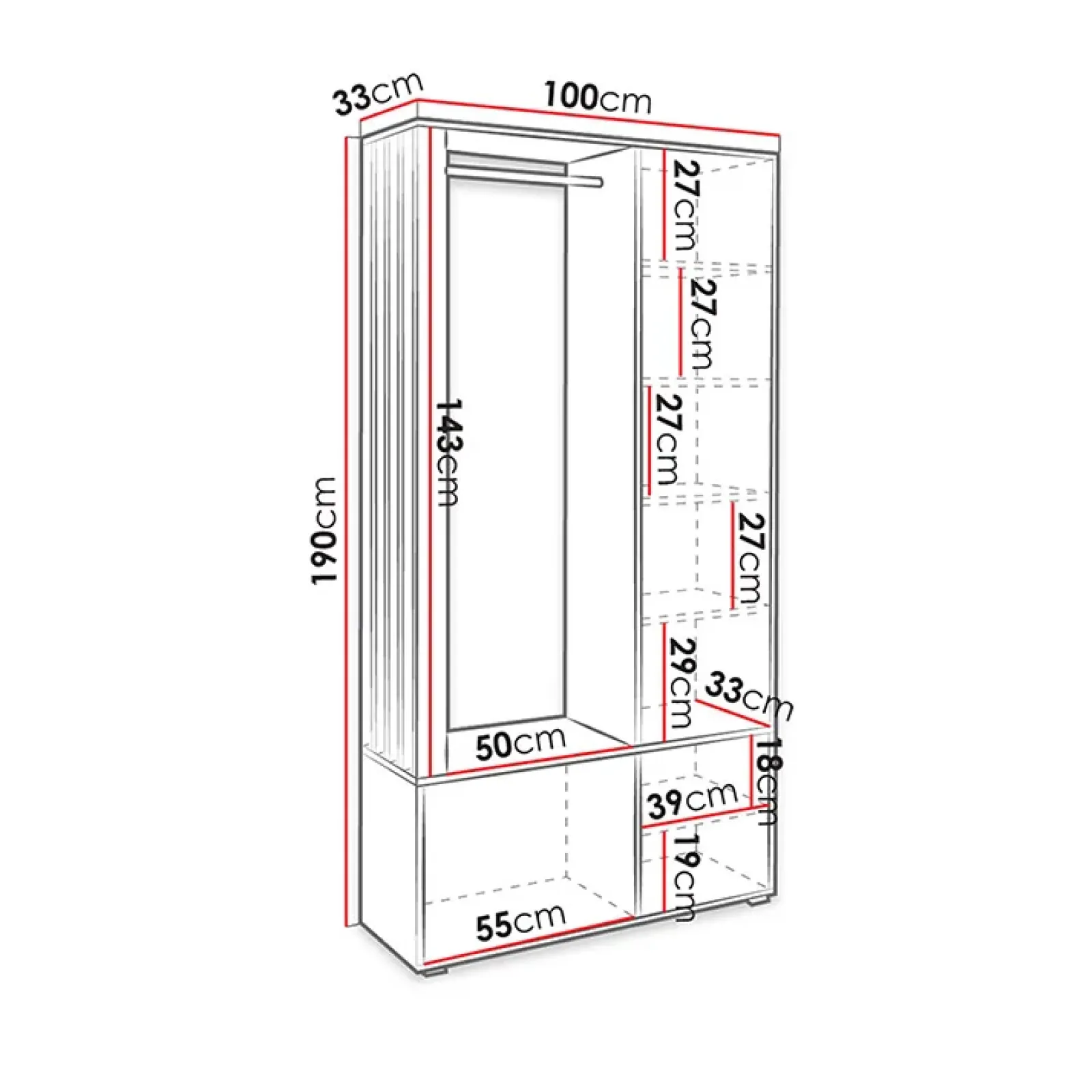 Garnero Arredamenti Mobili Ingresso Appendiabiti|Mobili Ingresso-Mobile ingresso 100x190h cm con specchio bianco nero Umea Bianco Opaco