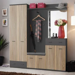 Garnero Arredamenti Mobili Ingresso Appendiabiti|Mobili Ingresso-Mobile ingresso 180x203h cm con specchio moderno rovere antracite stampa a righe New York Gihome® Antracite - Rovere