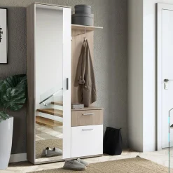 Garnero Arredamenti Mobili Ingresso Appendiabiti|Mobili Ingresso-Mobile ingresso 97x195h cm con attaccapanni e specchio sonoma bianco Zefira Rovere - Bianco