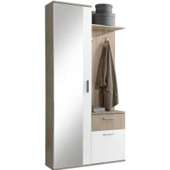 Garnero Arredamenti Mobili Ingresso Appendiabiti|Mobili Ingresso-Mobile ingresso 97x195h cm con attaccapanni e specchio sonoma bianco Zefira Rovere - Bianco