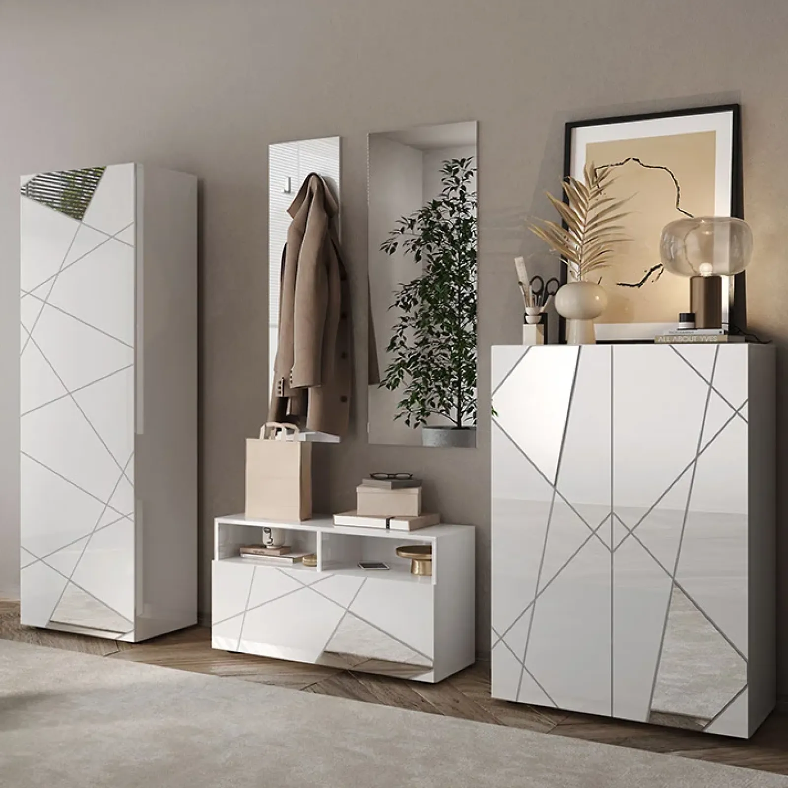 Garnero Arredamenti Mobili Ingresso Appendiabiti|Mobili Ingresso-Mobile ingresso 91x189h cm design moderno bianco lucido specchio Olimpo