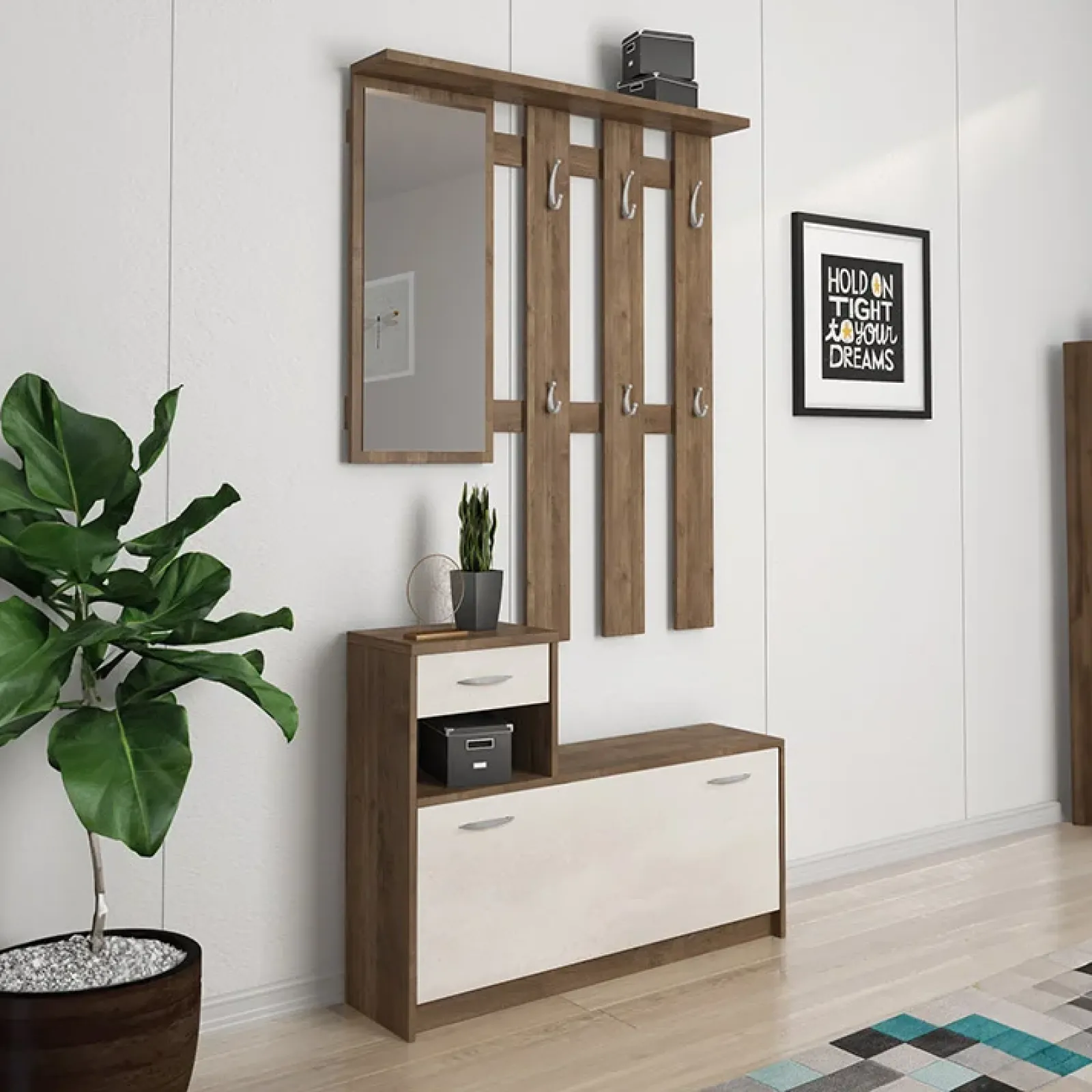 Garnero Arredamenti Mobili Ingresso Appendiabiti|Mobili Ingresso-Mobile ingresso 100x190h cm moderno noce bianco spatolato Thomas Noce - Beige