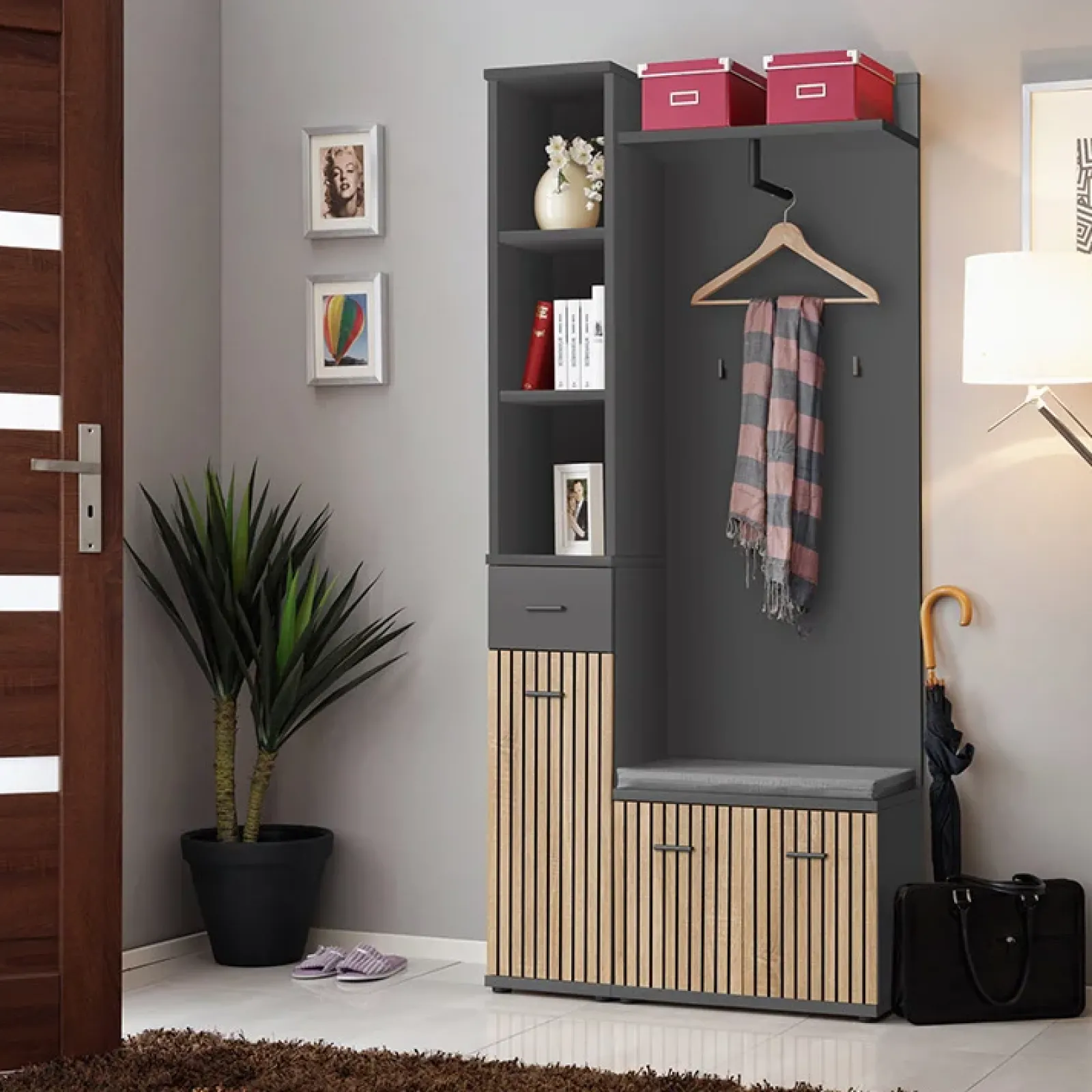 Garnero Arredamenti Mobili Ingresso Appendiabiti|Mobili Ingresso-Mobile ingresso 90x203h cm moderno rovere antracite stampa a righe Arizona Gihome® Antracite - Rovere