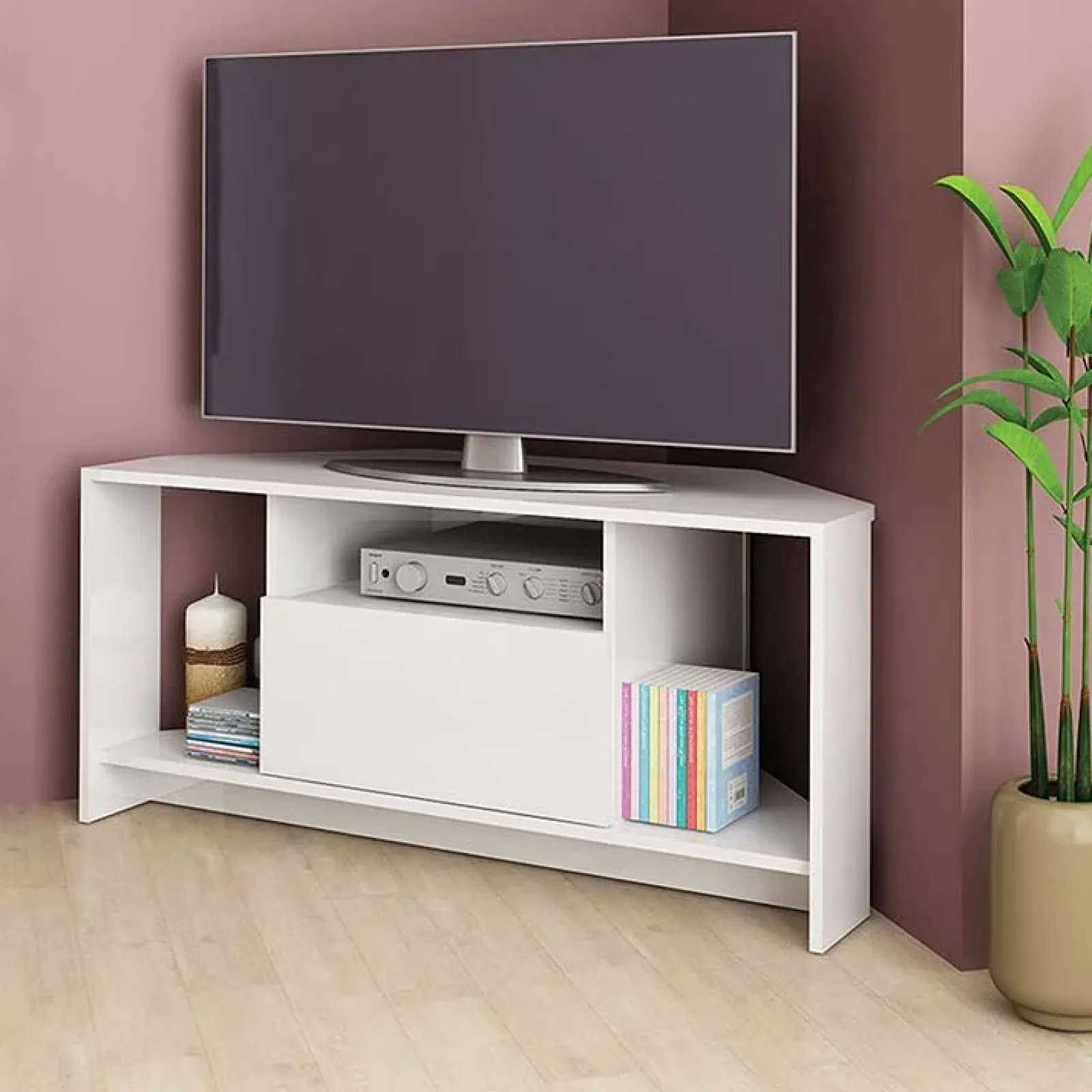 Garnero Arredamenti Mobile Tv Basso|Mobili Tv Moderni-Mobile porta TV angolare 110x49h cm 3 vani 1 ribalta bianco lucido Folk