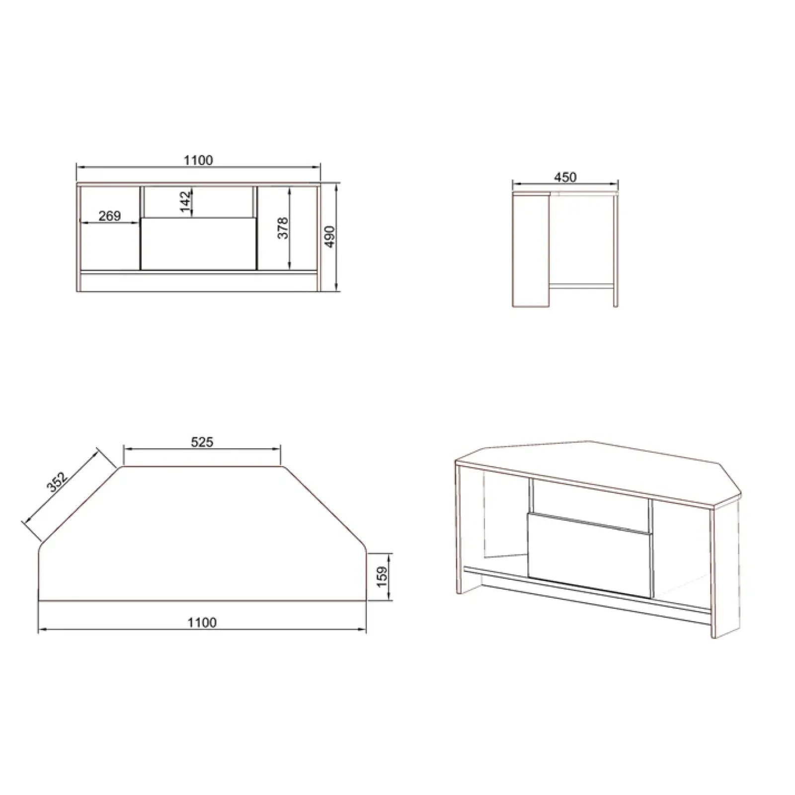 Garnero Arredamenti Mobile Tv Basso|Mobili Tv Moderni-Mobile porta TV angolare 110x49h cm 3 vani 1 ribalta bianco lucido Folk
