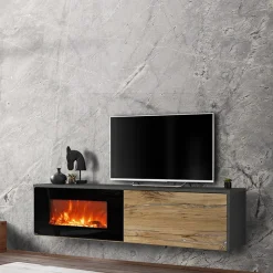 Garnero Arredamenti Camino Elettrico|Mobile Tv Sospeso-Mobile porta TV sospeso 180x45h cm con camino elettrico rovere antico antracite Botticelli
