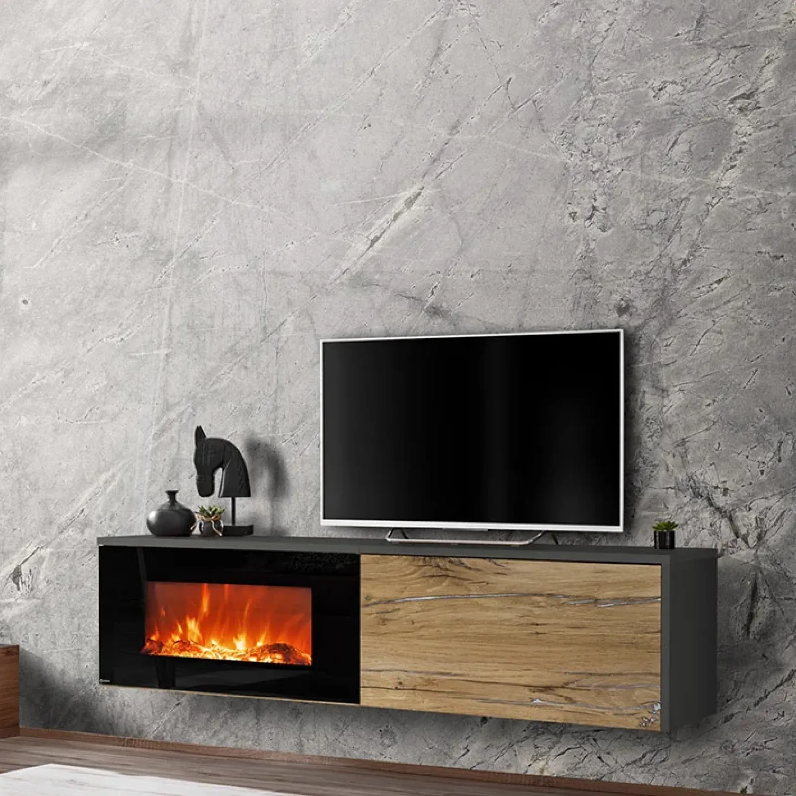 Garnero Arredamenti Camino Elettrico|Mobile Tv Sospeso-Mobile porta TV sospeso 180x45h cm con camino elettrico rovere antico antracite Botticelli