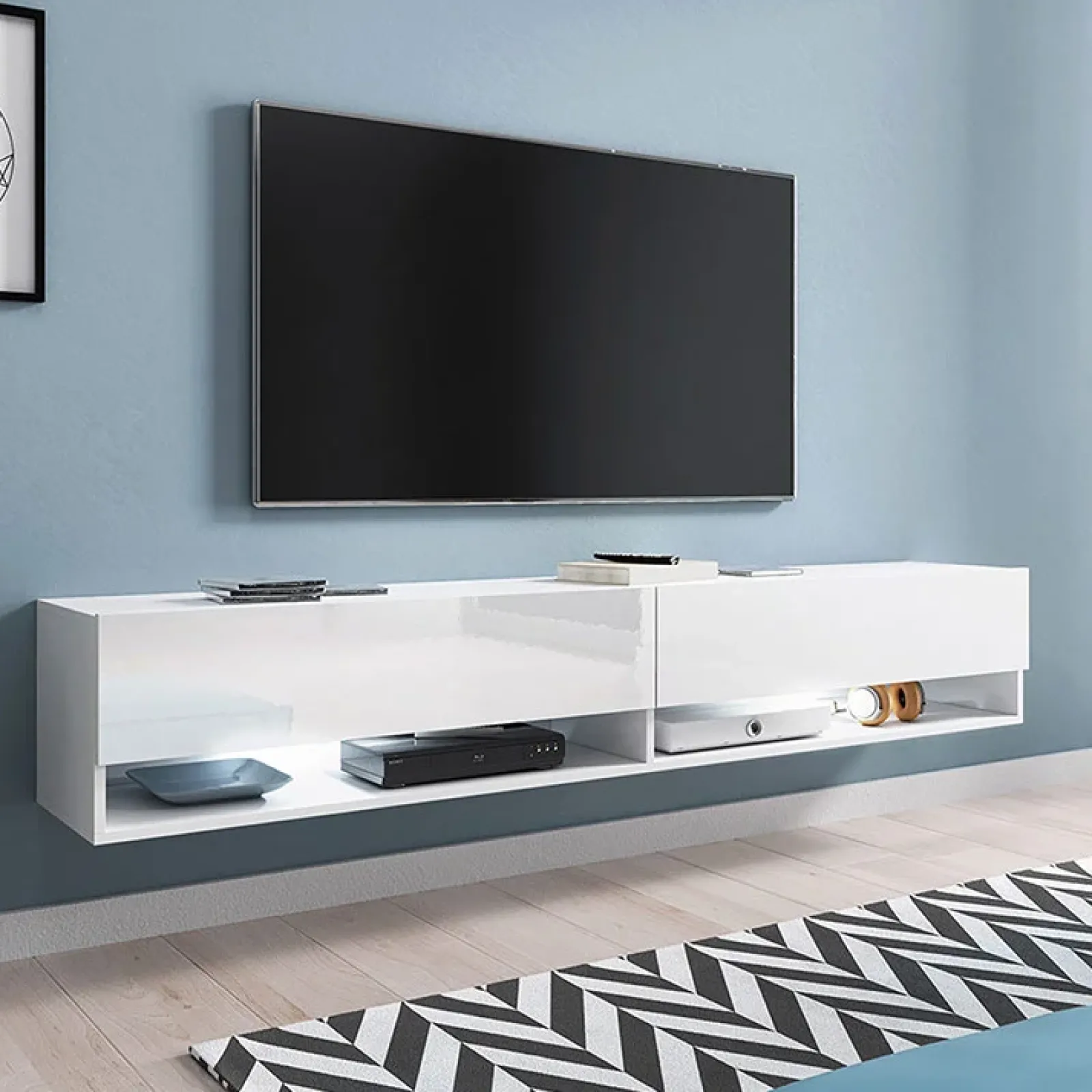 Garnero Arredamenti Mobile Tv Sospeso|Mobili Tv Moderni-Mobile porta TV sospeso 180x30h cm con LED Gregoria Bianco Lucido