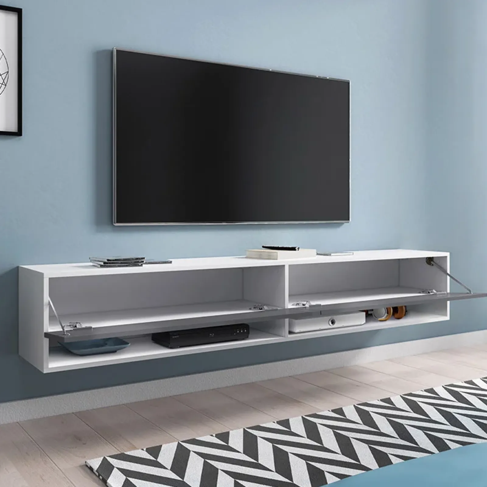 Garnero Arredamenti Mobile Tv Sospeso|Mobili Tv Moderni-Mobile porta TV sospeso 180x30h cm con LED Gregoria Bianco Lucido