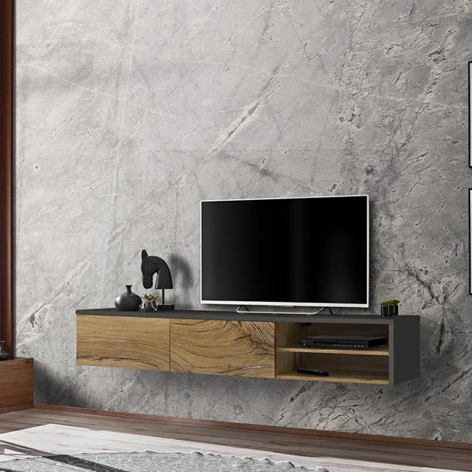 Garnero Arredamenti Mobile Tv Sospeso|Mobili Tv Moderni-Mobile porta TV sospeso 180x30h cm rovere antico antracite Botticelli