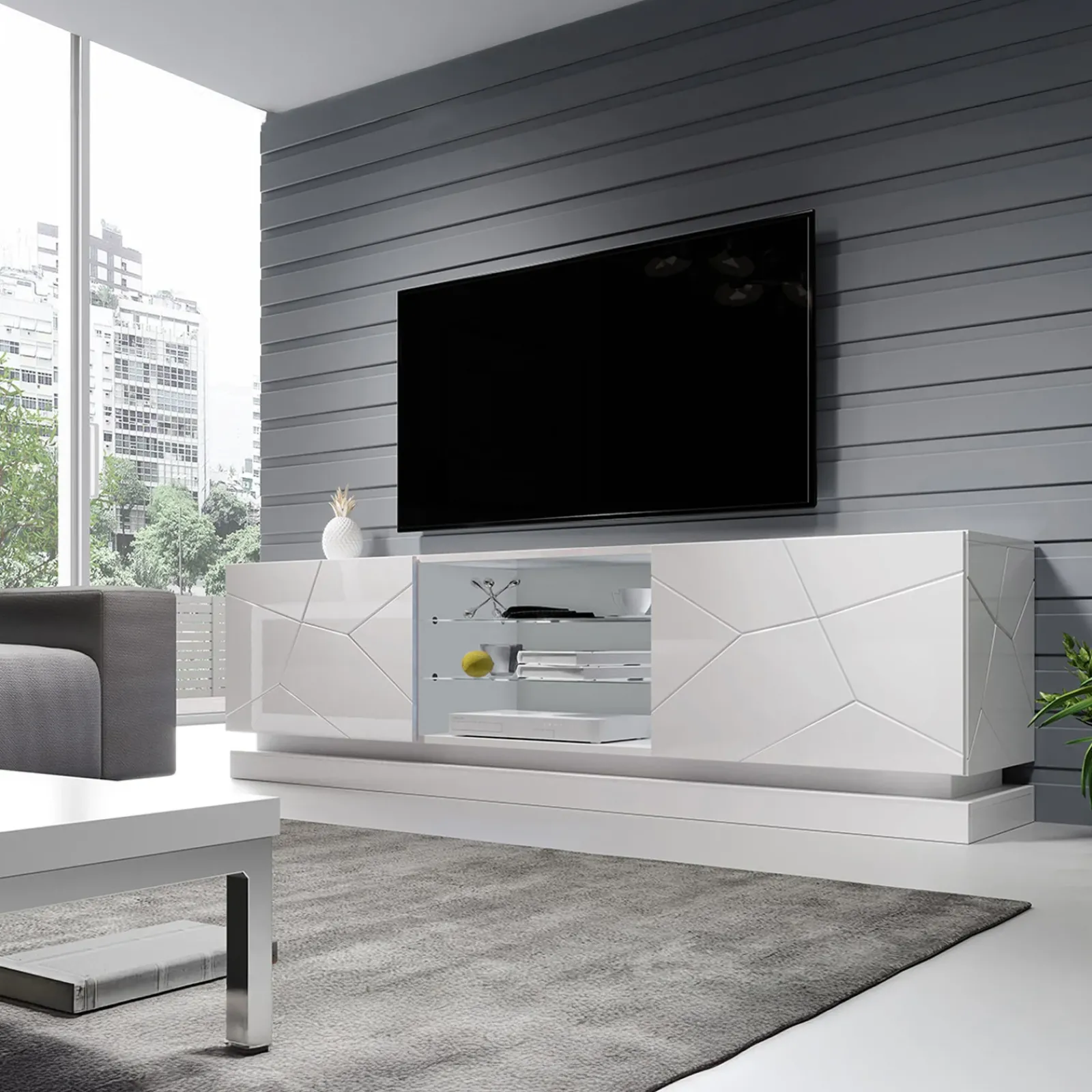 Garnero Arredamenti Mobile Tv Sospeso-Mobile porta tv sospeso 200x57h cm 2 ante 2 vani a giorno bianco lucido Bianca