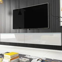 Garnero Arredamenti Mobile Tv Sospeso|Mobili Tv Moderni-Mobile porta TV sospeso 180x30h cm design 2 ante Silvia Bianco Lucido