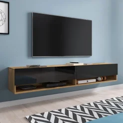 Garnero Arredamenti Mobile Tv Sospeso|Mobili Tv Moderni-Mobile porta TV sospeso 180x30h cm 2 ante rovere nero Gregoria Rovere - Nero Lucido
