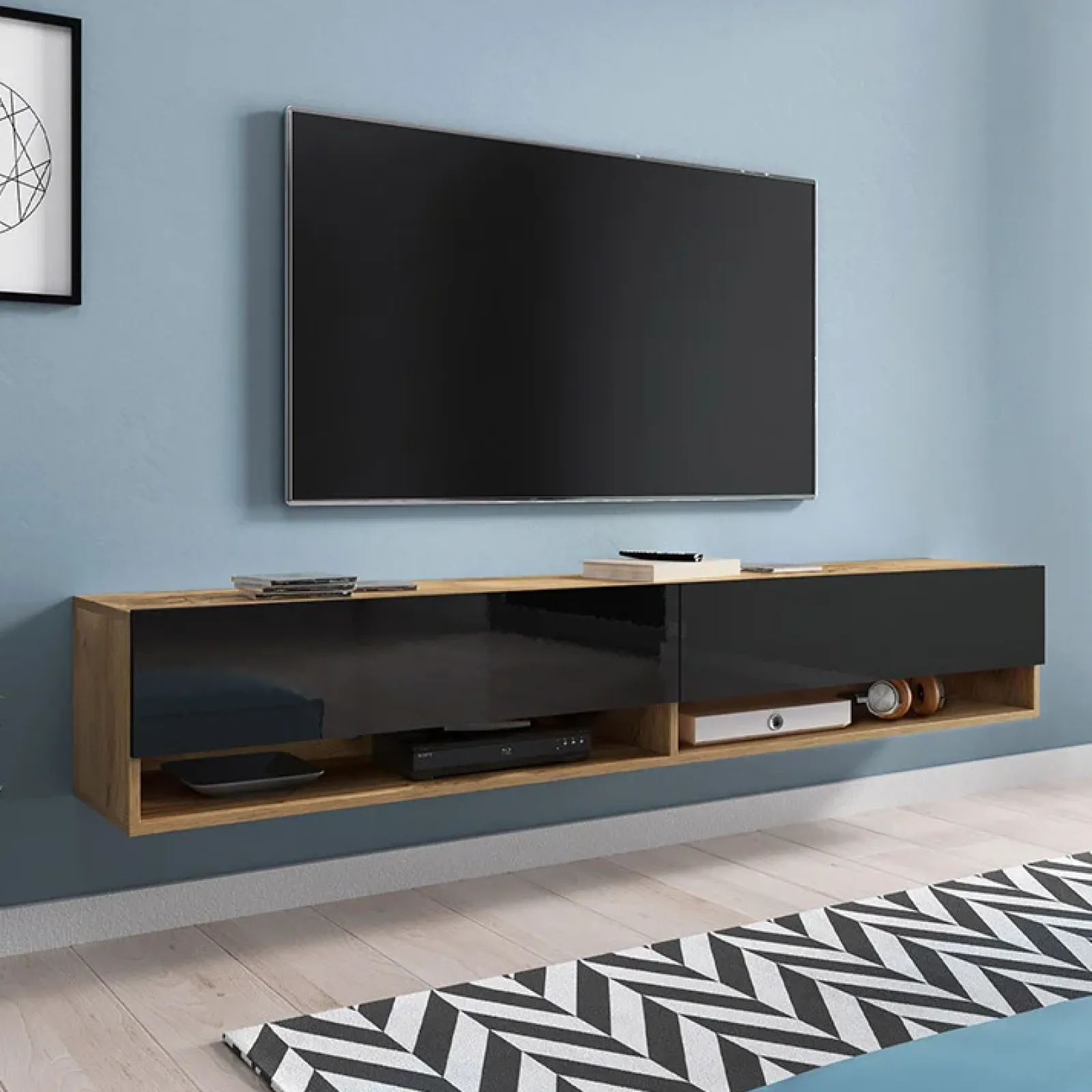 Garnero Arredamenti Mobile Tv Sospeso|Mobili Tv Moderni-Mobile porta TV sospeso 180x30h cm 2 ante rovere nero Gregoria Rovere - Nero Lucido