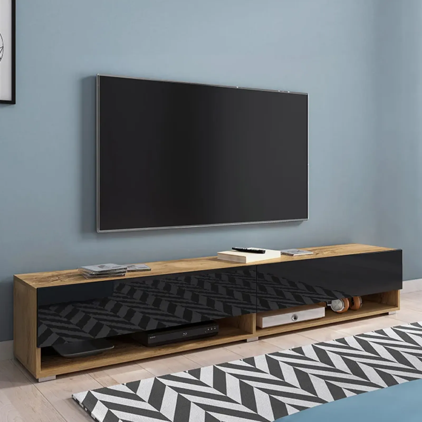 Garnero Arredamenti Mobile Tv Sospeso|Mobili Tv Moderni-Mobile porta TV sospeso 180x30h cm 2 ante rovere nero Gregoria Rovere - Nero Lucido