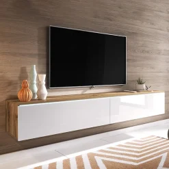Garnero Arredamenti Mobile Tv Sospeso|Mobili Tv Moderni-Mobile porta TV sospeso 180x30h cm con LED design bianco lucido rovere Silvia Bianco Lucido - Rovere