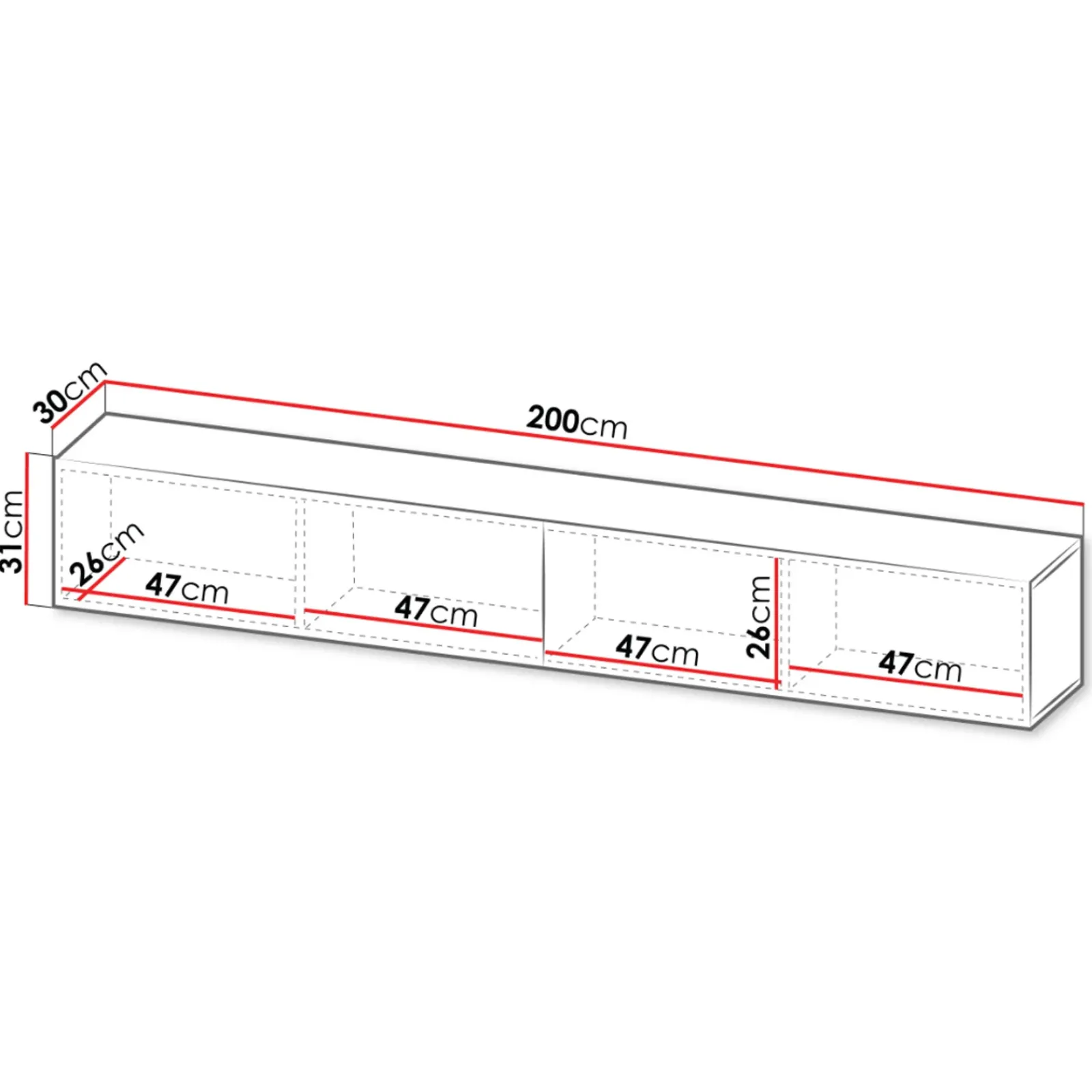 Garnero Arredamenti Mobile Tv Sospeso-Mobile porta TV sospeso 200x31h cm 2 ante a ribalta nero opaco rovere wotan Mirel Nero Opaco - Rovere