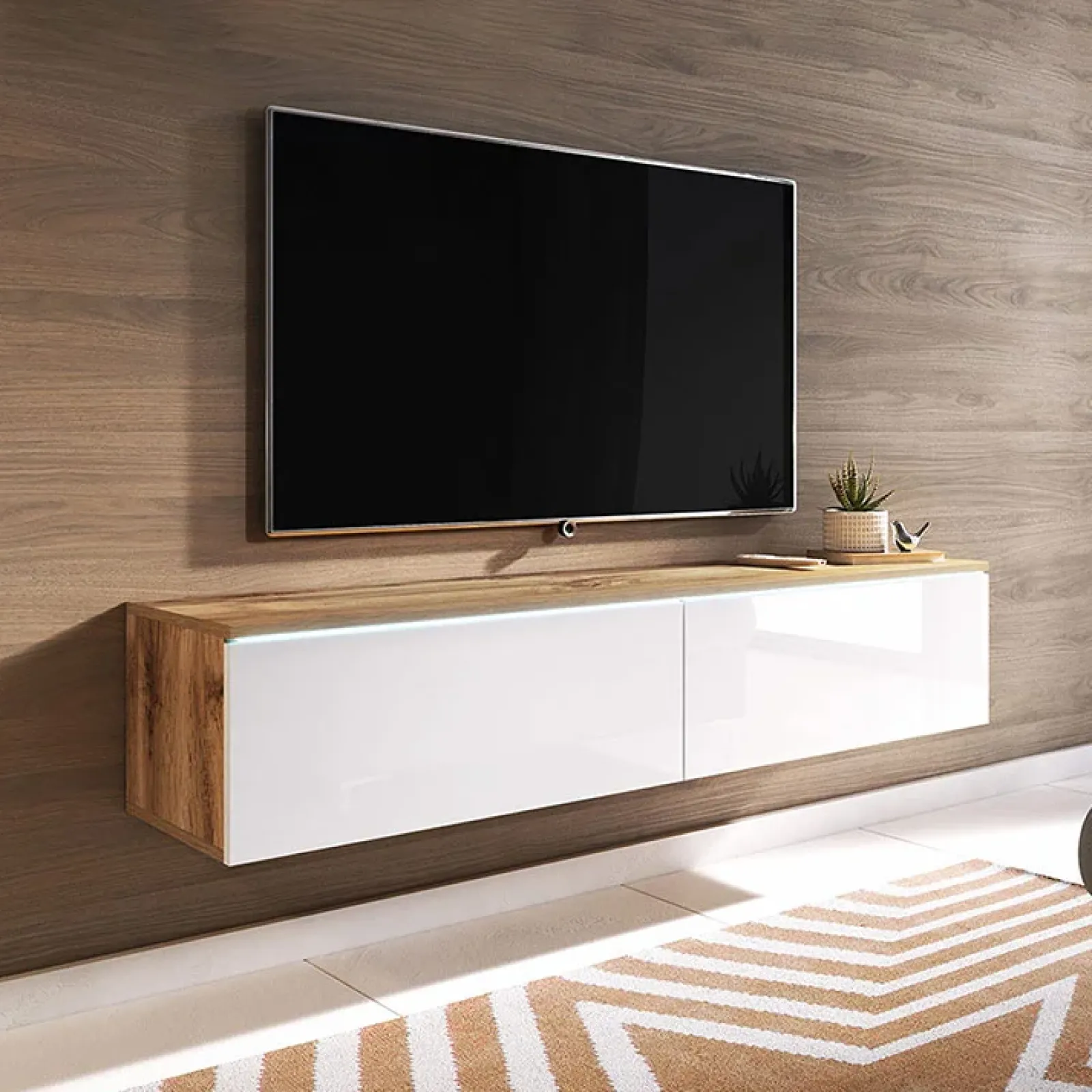 Garnero Arredamenti Mobile Tv Sospeso|Mobili Tv Moderni-Mobile porta TV sospeso 140x30h cm con LED rovere bianco lucido Silvia