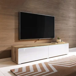 Garnero Arredamenti Mobile Tv Sospeso|Mobili Tv Moderni-Mobile porta TV sospeso 140x30h cm con LED rovere bianco lucido  Silvia
