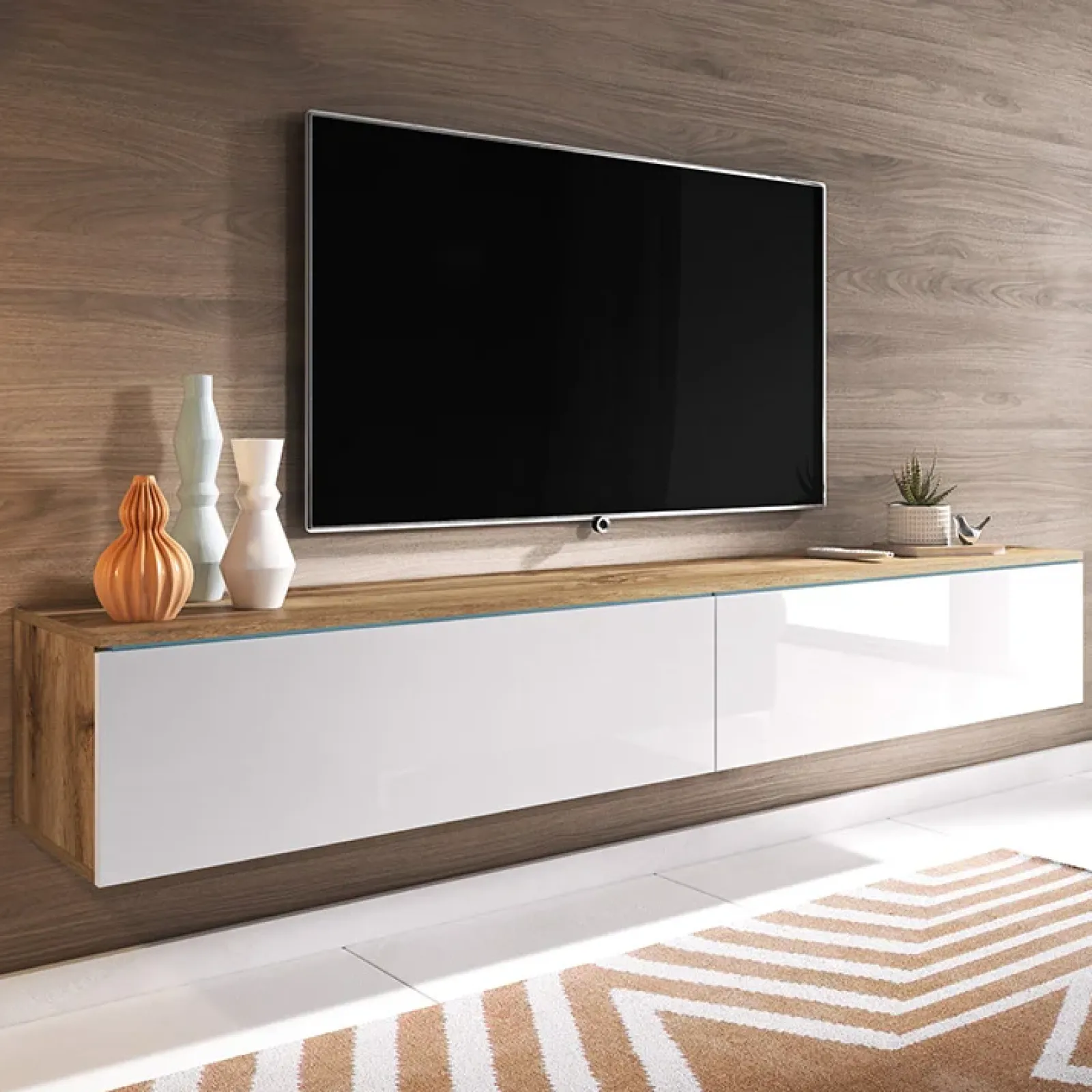Garnero Arredamenti Mobile Tv Sospeso|Mobili Tv Moderni-Mobile porta TV sospeso 180x30h cm 2 ante design bianco lucido rovere Silvia Rovere - Bianco Lucido