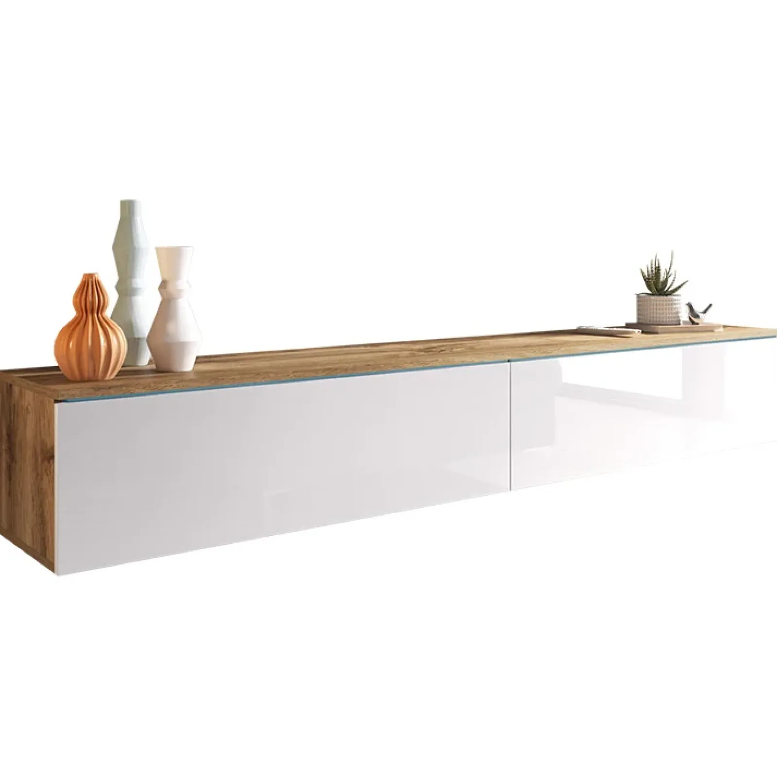 Garnero Arredamenti Mobile Tv Sospeso|Mobili Tv Moderni-Mobile porta TV sospeso 180x30h cm 2 ante design bianco lucido rovere Silvia Rovere - Bianco Lucido