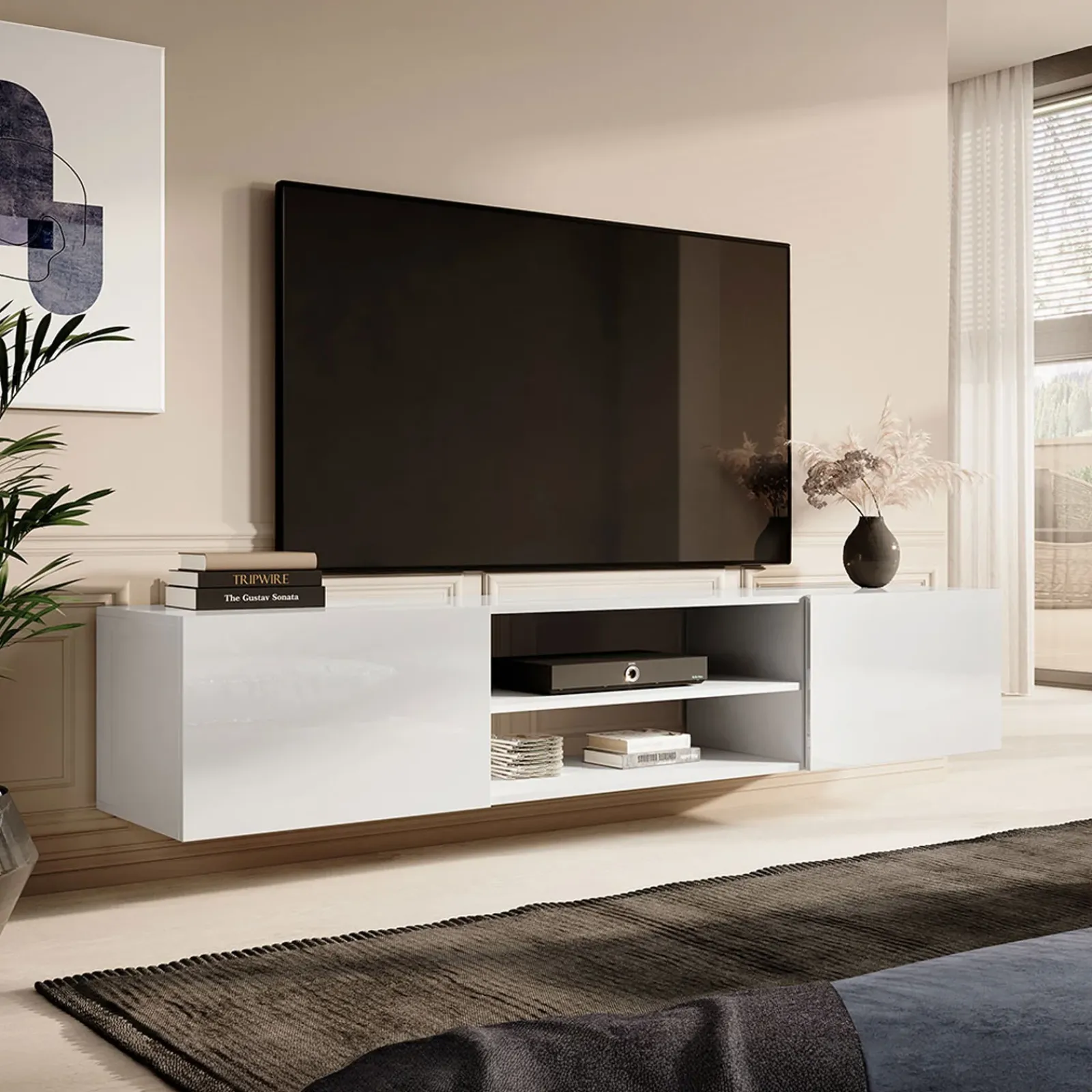 Garnero Arredamenti Mobile Tv Sospeso-Mobile porta tv sospeso 200x37h cm 2 ante 2 vani a giorno bianco lucido Southampton