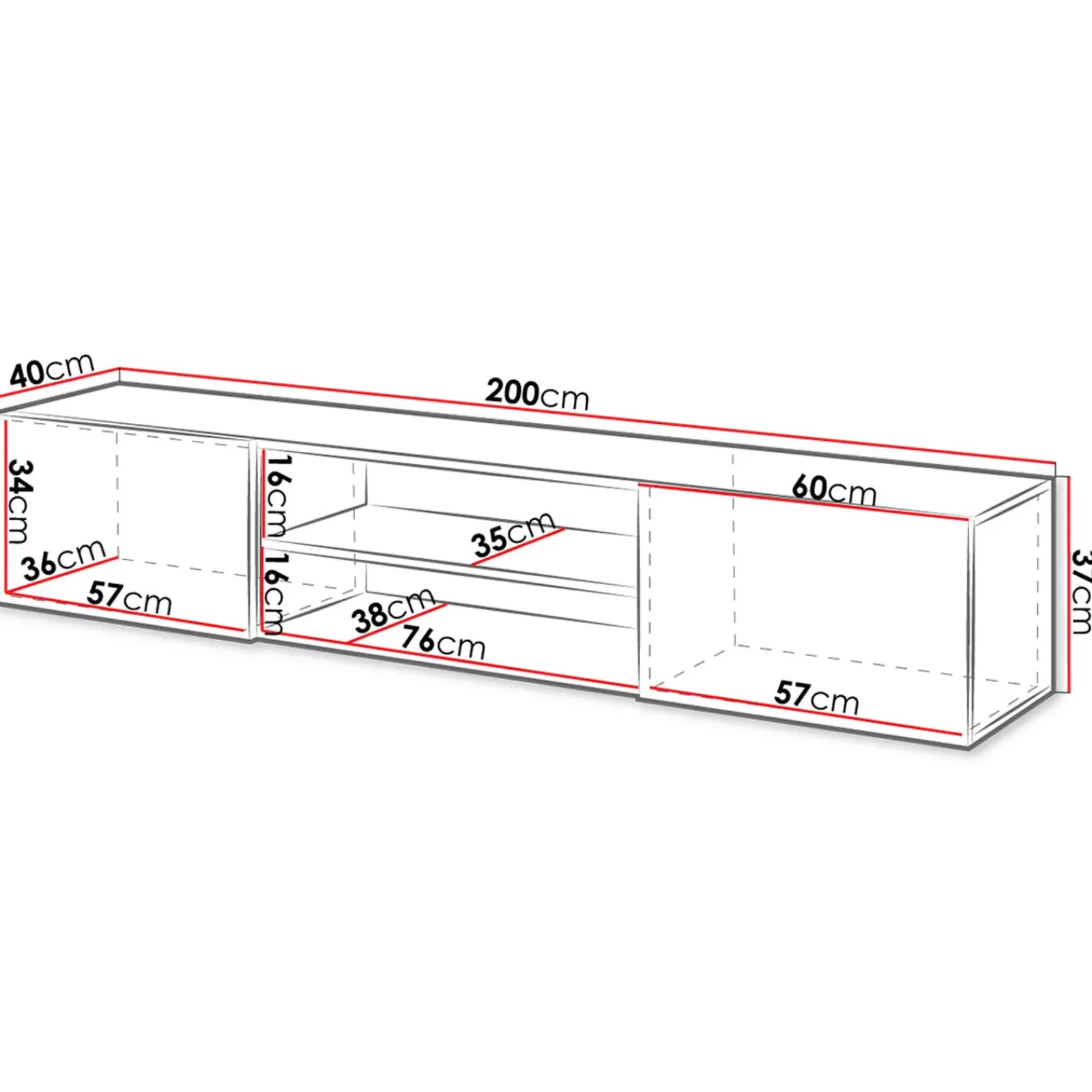 Garnero Arredamenti Mobile Tv Sospeso-Mobile porta tv sospeso 200x37h cm 2 ante 2 vani a giorno bianco lucido Southampton