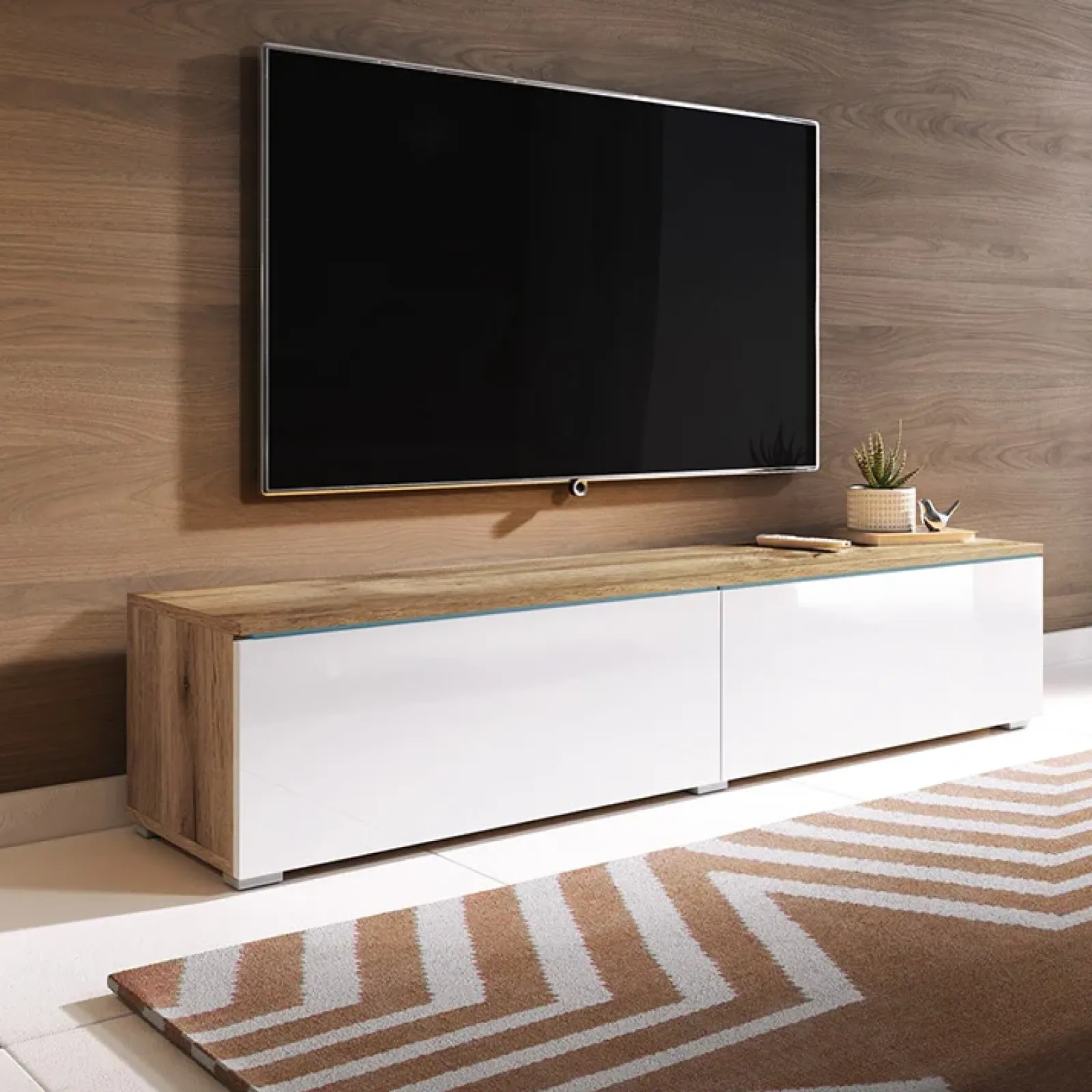 Garnero Arredamenti Mobile Tv Sospeso|Mobili Tv Moderni-Mobile porta TV sospeso 140x30h cm 2 ante design rovere bianco lucido Silvia Bianco Lucido - Rovere