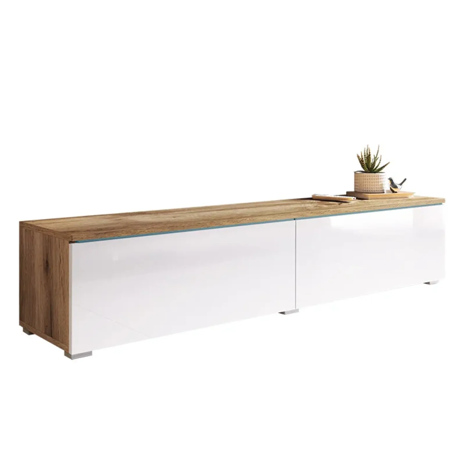 Garnero Arredamenti Mobile Tv Sospeso|Mobili Tv Moderni-Mobile porta TV sospeso 140x30h cm 2 ante design rovere bianco lucido Silvia Bianco Lucido - Rovere