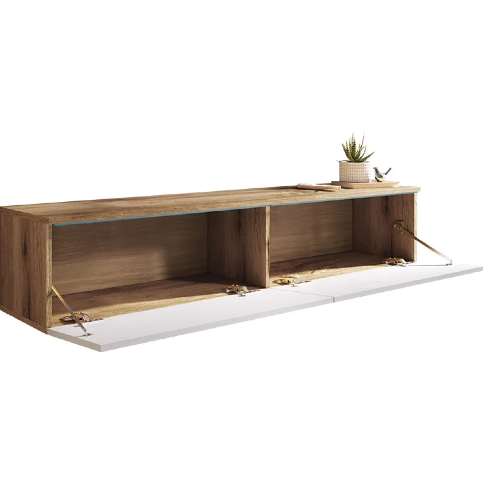 Garnero Arredamenti Mobile Tv Sospeso|Mobili Tv Moderni-Mobile porta TV sospeso 140x30h cm 2 ante design rovere bianco lucido Silvia Bianco Lucido - Rovere