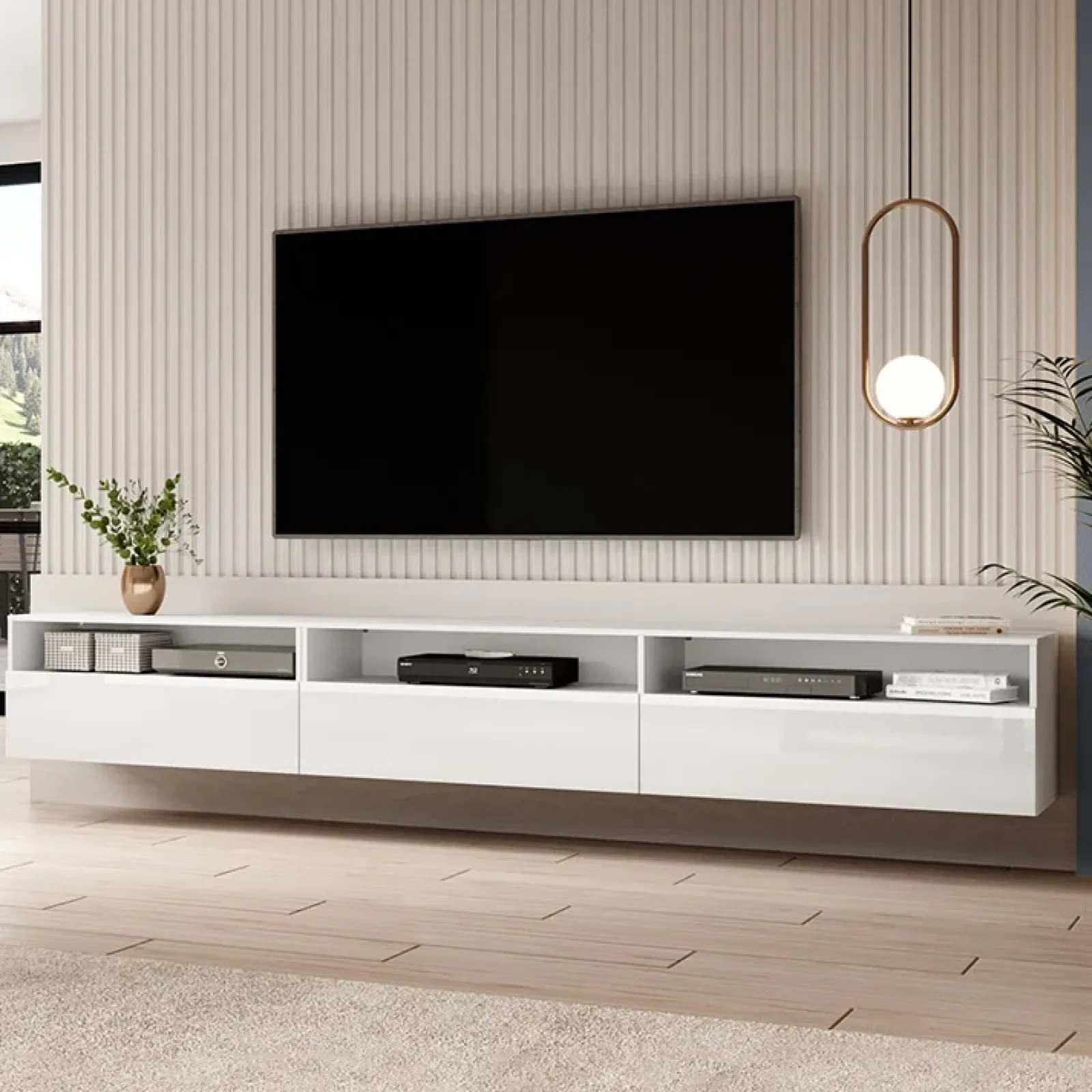 Garnero Arredamenti Mobile Tv Sospeso|Mobili Tv Moderni-Mobile porta TV sospeso 270x42h cm bianco Emotion Gihome® Bianco Lucido