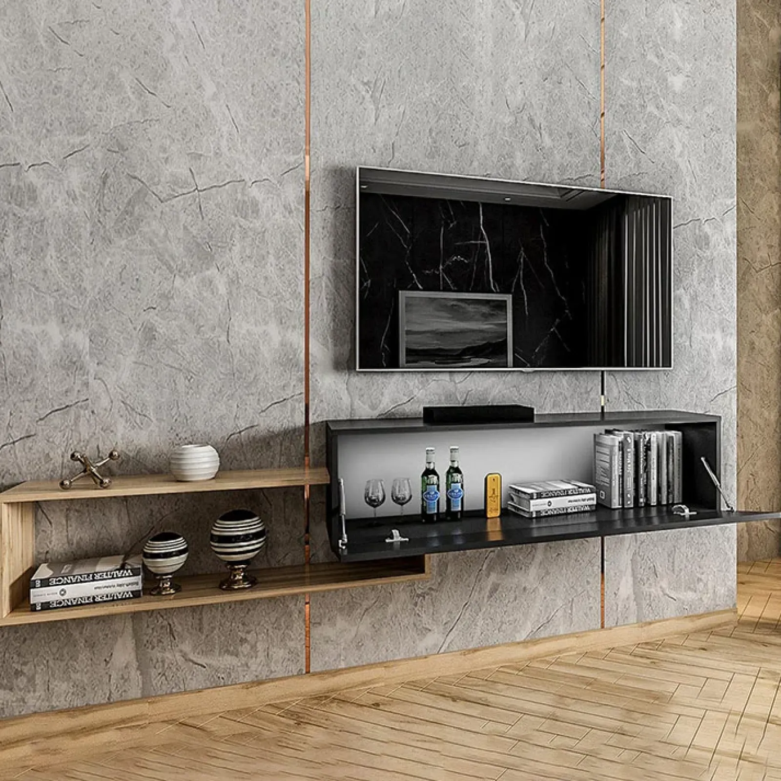 Garnero Arredamenti Mobile Tv Sospeso|Mobili Tv Moderni-Mobile porta TV sospeso 210x48h cm moderno rovere nero Brigida Rovere - Nero opaco