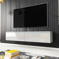 Garnero Arredamenti Mobile Tv Basso|Mobile Tv Sospeso-Mobile porta TV sospeso 140x30h cm soggiorno Silvia Bianco Lucido