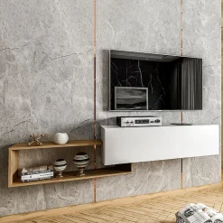Garnero Arredamenti Mobile Tv Sospeso|Mobili Tv Moderni-Mobile porta TV sospeso 210x48h cm moderno rovere bianco Brigida Bianco Opaco - Rovere