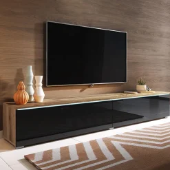 Garnero Arredamenti Mobile Tv Sospeso|Mobili Tv Moderni-Mobile porta TV sospeso 180x30h cm con LED nero lucido rovere Silvia Rovere - Nero Lucido